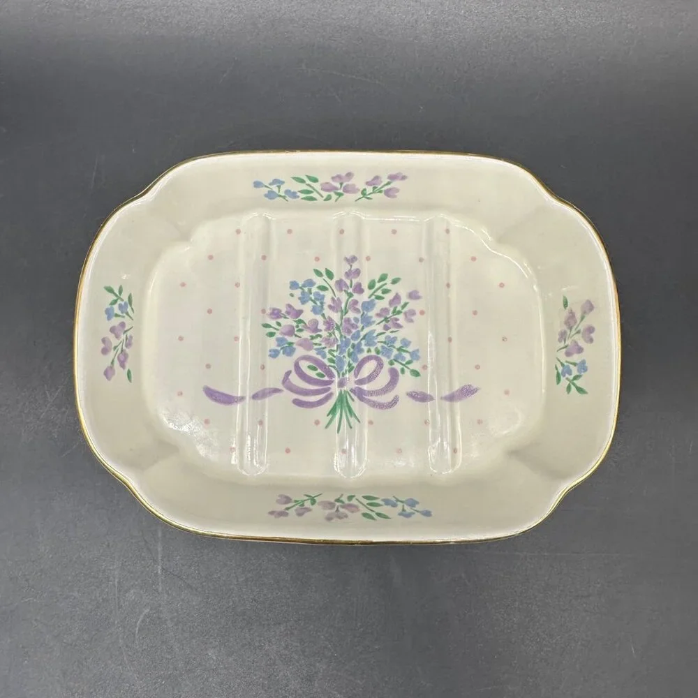 Vintage Floral Soap Dish Cottagecore 1980s Purple Blue Flowers Ceramic Romantic